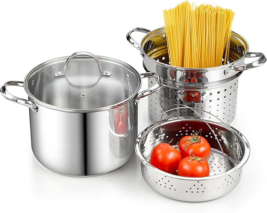 Cooks Standard Pasta Pot with Strainer Basket, 18/10 Stainless Steel 8 Quarts Stock Pot Spaghetti Cooker Tamale Crab Steamer Multipots with Glass Lid, 4-Piece Set