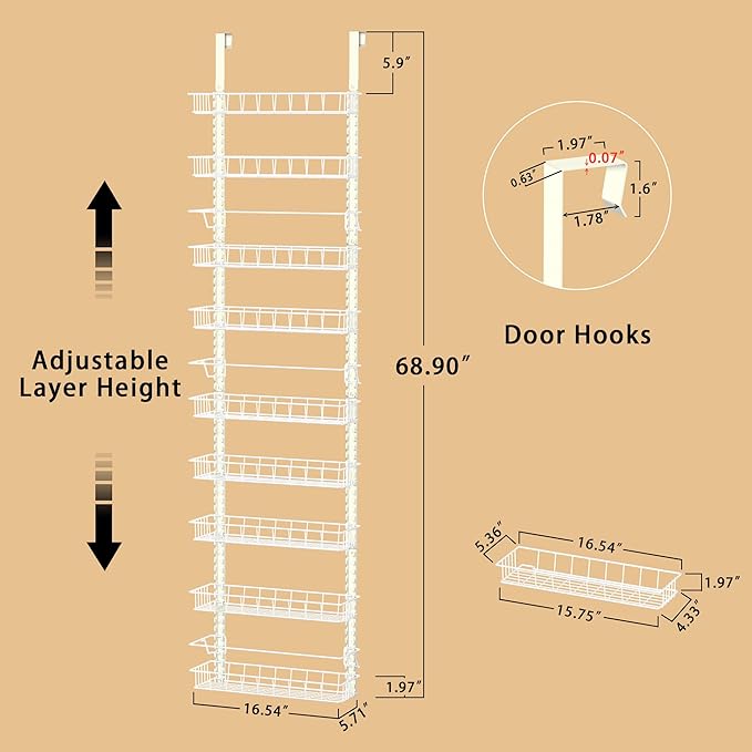 Churboro Over the Door Pantry Organizer Rack with 9 Adjustable Baskets, 9 Tiers Dual-use Hanging or Wall Mount Spice Rack Organizer, White - Image 2