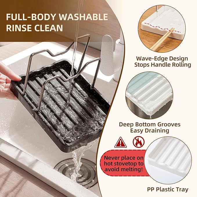 2 in 1 Pot Lid Holder & Spoon Rest for Kitchen Counter, Plastic Utensil Rest with Stainless Steel Pan Lid Holder Organizer While Cooking, Countertop Space Saving Pot Cover Rack | Easy to Clean - Image 4