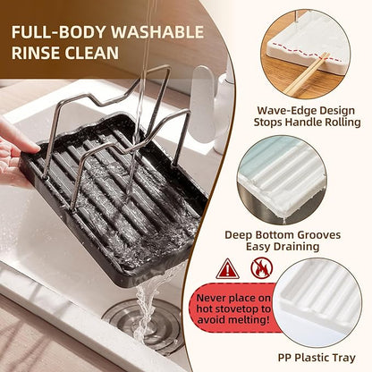 2 in 1 Pot Lid Holder & Spoon Rest for Kitchen Counter, Plastic Utensil Rest with Stainless Steel Pan Lid Holder Organizer While Cooking, Countertop Space Saving Pot Cover Rack | Easy to Clean - Image 4