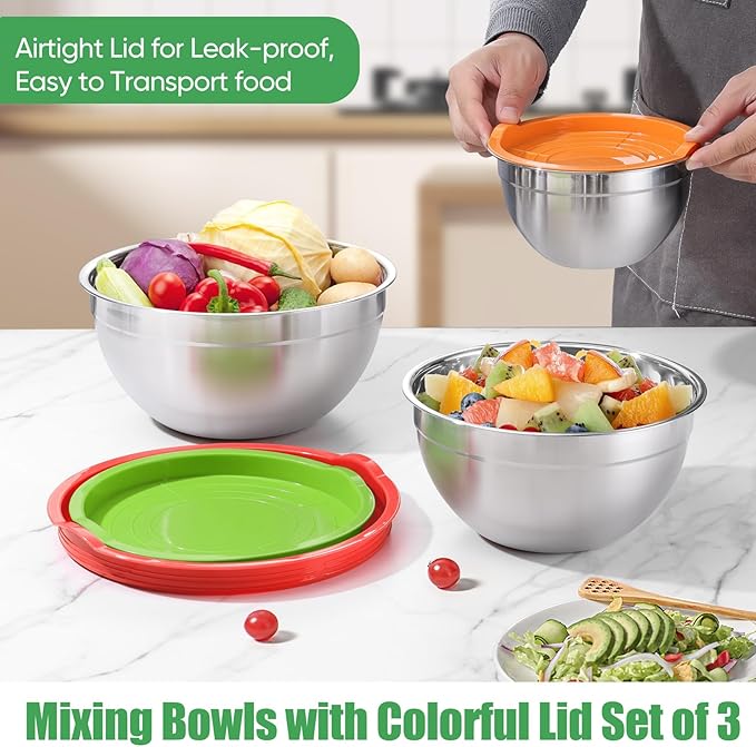 P&P CHEF Multicolor Mixing Bowls with Lids, Set of 3, Stainless Steel Salad Nesting Bowl for Mixing, Storing, Prepping, Airtight & Stackable, Size 4.6/3 /1.5 QT - Image 4