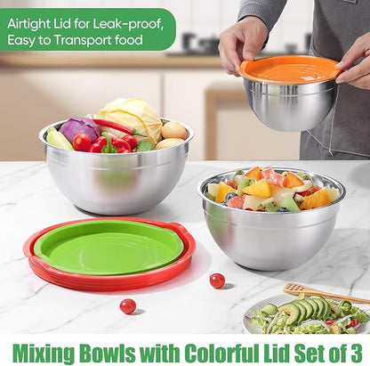 P&P CHEF Multicolor Mixing Bowls with Lids, Set of 3, Stainless Steel Salad Nesting Bowl for Mixing, Storing, Prepping, Airtight & Stackable, Size 4.6/3 /1.5 QT - Image 4