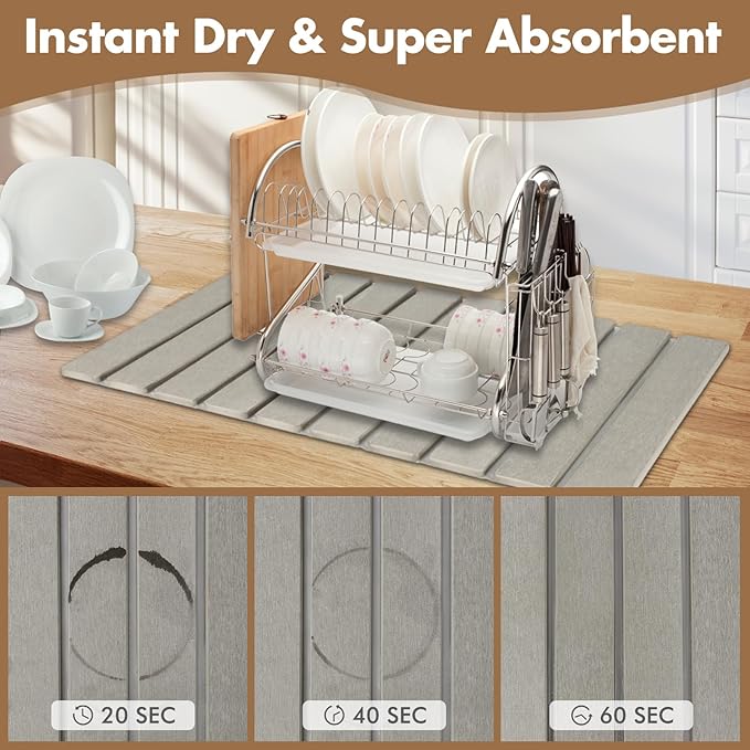 Large Stone Dish Drying Mat for Kitchen Counter, Eco-friendly, Instant Drying Pad,Diatomaceous Earth Water Absorbing Mat, Foldable and Super Absorbent Dish Drying Stone Mat, 24"×16", Warm Gray - Image 5