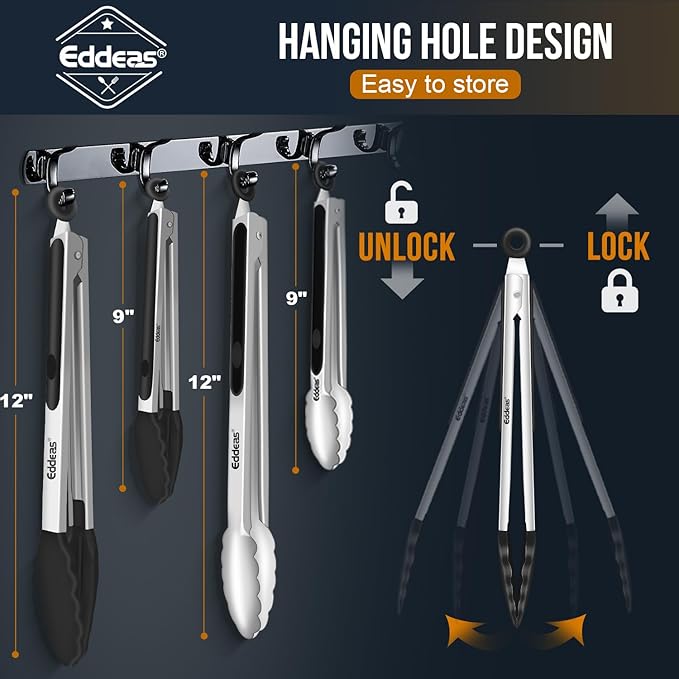 4 Pack Tongs For Cooking, Heat Resistant 600 Degrees 9",12" Stainless Steel Locking Metal Tong & 9",12" Kitchen Tongs with Silicone Tips, Non-Slip Food Silicone Tong, Heavy Duty, Non-Stick - Image 7