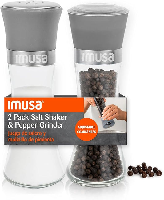 IMUSA Salt Shaker and Pepper Grinder Set – 2 Pack Glass Salt Shaker and Pepper Mill Set, Manual Adjustable Ceramic Core Pepper Grinder, 6 oz Capacity, Refillable Salt and Pepper Set for Kitchen