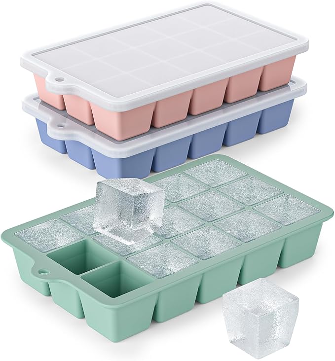 Silicone Ice Cube Tray 3 Pack - EASY RELEASE ice cube tray with lid, BPA Free Ice Cubes Trays for Freezer,ice cube mold for Cocktail,Whiskey (Mint+Pink+Blue) by Vethwal
