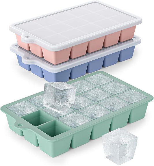 Silicone Ice Cube Tray 3 Pack - EASY RELEASE ice cube tray with lid, BPA Free Ice Cubes Trays for Freezer,ice cube mold for Cocktail,Whiskey (Mint+Pink+Blue) by Vethwal