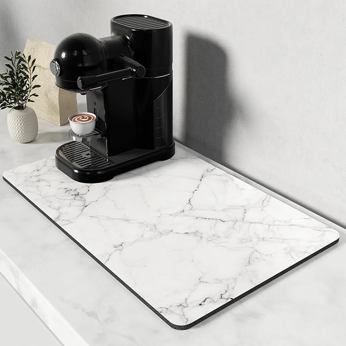 Rnivvi Coffee Mat, 12" x 19" Cute Marble Style Coffee Bar Mats for Espresso Machine Station Accessories and Organizer, Hide Stain Rubber Backed Absorbent Dish Drying Pad for Kitchen Counter,Gray White by Rnivvi