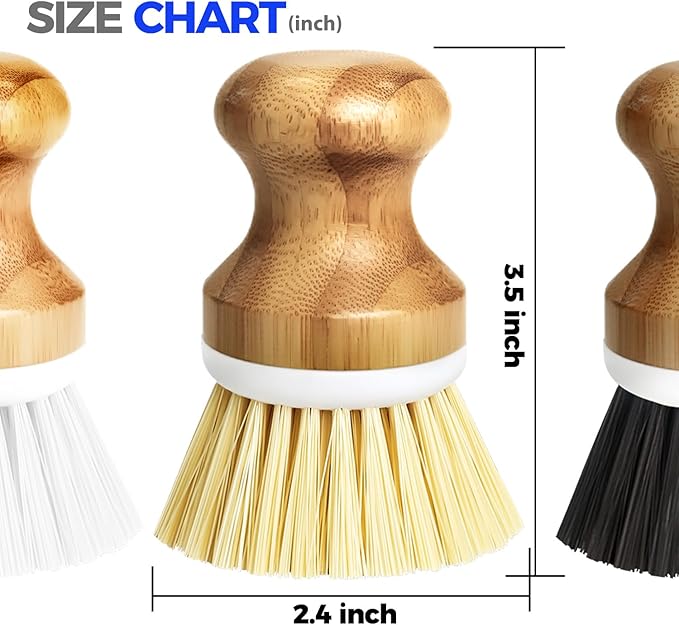 Holikme Bamboo Palm Brush Dish Brushes Vegetable Scrubber Round Natural Scrub Brush Cleaning Kit for Cleaning Saucepans, Pots, Pans and Vegetables, White Yellow Black - Image 6