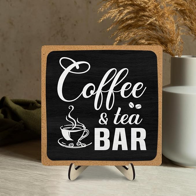 Coffee Bar Sign Plaque Decor,Cafe Station Accessorie for Office,Rustic Wooden Tabletop Plaque with Stand, Minimalist Farmhouse Kitchen Counter Sign ,Cute Mini Café Bar Decor Gift ,Coffee & Tea Bar Decor Signs 5.9x5.9Inch (Black&Grown) - Image 8