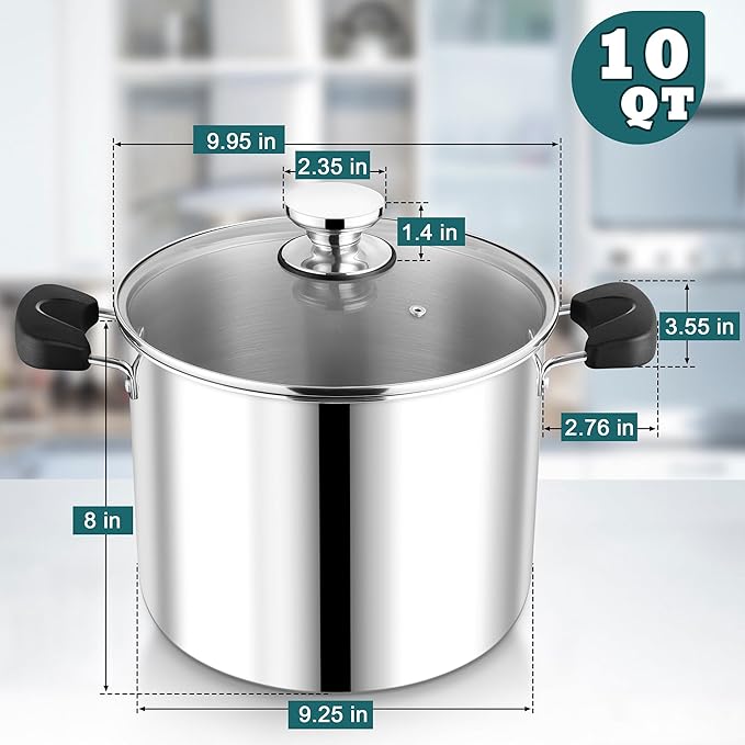 10 Quart 3-Ply Cooking Stock Pot with Lid, P&P CHEF Stainless Steel Large Pot for Pasta Soup, Work on Multi Stove, Heavy Duty & Dishwasher Safe, Dual Heat-resistant Handles & Transparent Glass Lid - Image 2