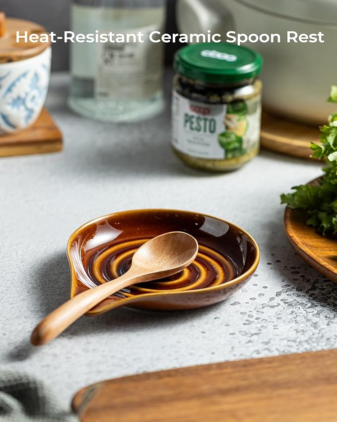 LAUCHUH Spoon Rest, 5 inches Large Ceramic Spoon Rest for Stove Top Cooking Spoon Holder for Mother's Day, Kitchen Counter Spatula Holder for Tongs, Ladle, Fork, Heat-Resistant, Dark Brown