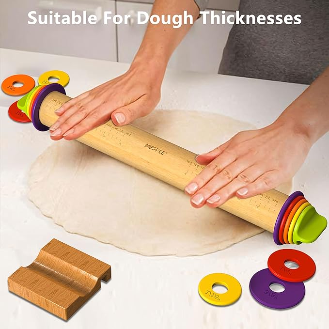 Rolling Pin with Thickness Rings and Pastry Baking Mat, 13.6" Adjustable Wooden Rolling Pin Dough Roller for Baking Cookie Pizza, Comes with Large Silicone Pastry Mat and Wooden Stand - Image 2