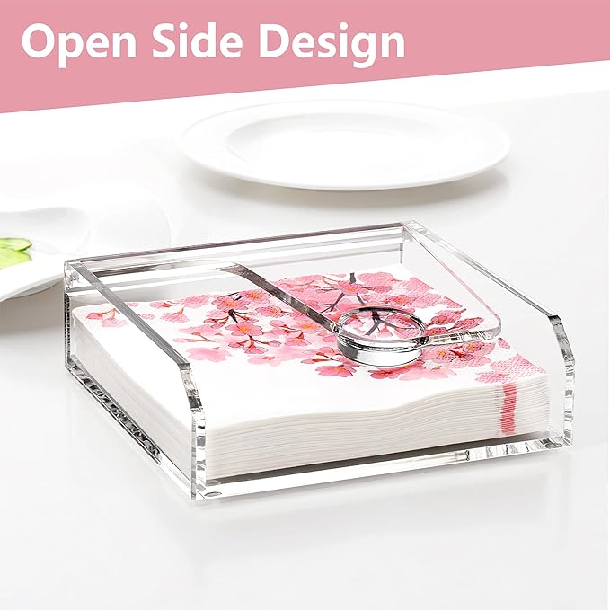 DINGHUO Acrylic Napkin Holder for Table, 7"x7" Clear Luncheon Napkin Holder with Weighted Arm, Flat Kitchen Paper Hand Napkin Dispenser, Suitable for Outdoor & Indoor