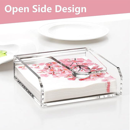 DINGHUO Acrylic Napkin Holder for Table, 7"x7" Clear Luncheon Napkin Holder with Weighted Arm, Flat Kitchen Paper Hand Napkin Dispenser, Suitable for Outdoor & Indoor