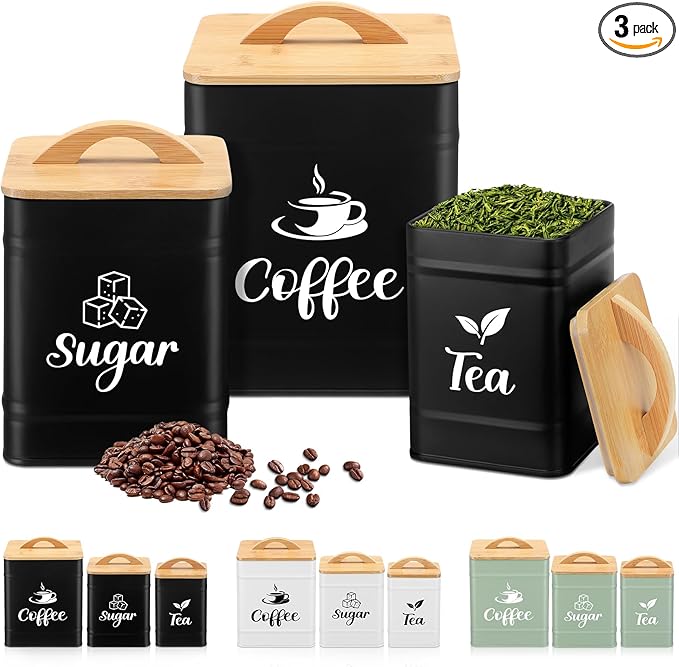 Maxdot 3 Set Coffee Sugar Tea Containers, Square Airtight Kitchen Canisters Storage Ground Organization with Bamboo Lids Rustic Metal Jars for Coffee Bar Beans, Tea Leaves, Food, Countertop(Black) by Maxdot