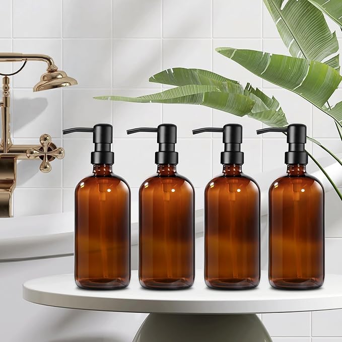 GMISUN Amber Glass Soap Dispenser, 4 Pack Bathroom Hand Soap Dispensers with Stainless Steel Pump, 17 Fl Oz Kitchen Hand and Dish Soap Dispenser Set, Modern Vintage Liquid Brown Soap Dispensers Bottle - Image 4