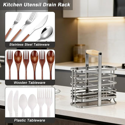 Caliamary Utensil Holder, Stainless Small Stainless Steel Cutlery Drainer Caddy for Kitchen Counter, Silverware Cutlery Flatware Holder Forks, Knives, Spoons, Chopsticks Organizer (Silver)