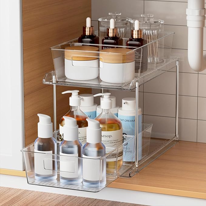 Fabspace Pull-Out Home Organizers, 2 Tier Clear Bathroom Organizer with Dividers, Multipurpose Vanity Counter Tray, Kitchen, Closet Organizers and Storage Container Bins for Cabinet, Pantry by Fabspace