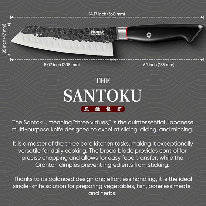 Huusk Santoku Japanese Chef Knife - Hand Forged Chef's Knives with VG10 Steel Core, Ultra Sharp 8 inch Kitchen Knife with Ergonomic Ebony Handle, Premium Wooden Gift Box for Men Women - Image 7