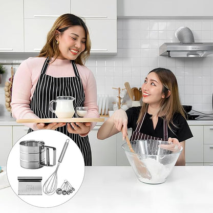 Silver Flour Sifter Baking Tool Set, DLAND Stainless Steel 4-Piece Kit with 10" Whisk, Dough Scraper & 5 Measuring Spoons, Mirror Polished, Easy to Clean, for Cake Bread Cookie Prep