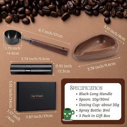 3pcs Coffee Bean Dosing Cup Set with Gift Box, Dosing Walnut Wood Cups Stainless Steel Spoon Portable Spray Bottle Static Reduction Precise Measuring for Espresso Tea Coffee Bar Accessories Kit - Image 2