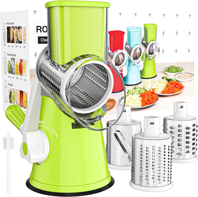 Cambom Rotary Cheese Grater Hand Crank Cheese Shredder for Fresh Cheese, Vegetable, Nuts,Non-slip Suction Base, Free Cleaning Brush Three Blades, Green by Cambom
