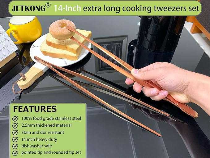 JETKONG 2 Pcs 14-Inch Kitchen Tweezers Extra Long Cooking Tweezer Tongs Stainless Steel Long Food Tweezers (Rose Gold) - Image 3