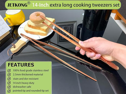 JETKONG 2 Pcs 14-Inch Kitchen Tweezers Extra Long Cooking Tweezer Tongs Stainless Steel Long Food Tweezers (Rose Gold) - Image 3