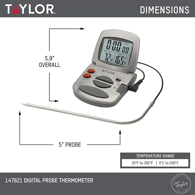 Taylor Programmable Instant-Read Wired Probe Digital Meat Thermometer, Stainless Steel for BBQ, Grill, Kitchen Cooking, Accurate Temperature Readings - Image 2