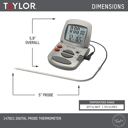 Taylor Programmable Instant-Read Wired Probe Digital Meat Thermometer, Stainless Steel for BBQ, Grill, Kitchen Cooking, Accurate Temperature Readings - Image 2
