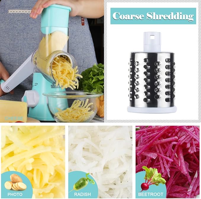 Ourokhome Rotary Cheese Grater Hand Crank, Kitchen Shredder Speed Mandolin Slicer Nut Grinder with Handle and Drum Blades for Cheese, Vegetable, Walnut, Chocolate, Potato, Carrot, 3 Blades, Blue - Image 5
