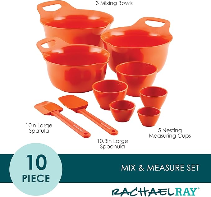Rachael Ray Pantryware Mixing Bowl Measuring Cup and Utensil Set, 10 Piece, Orange - Image 6
