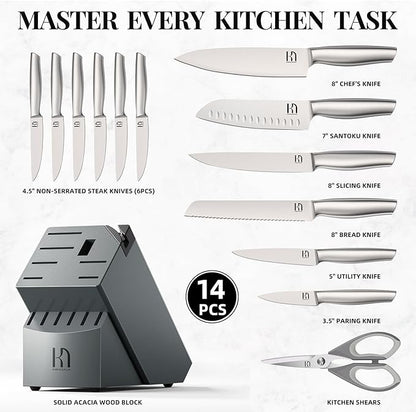 KnifeSaga Knife Set, 14 Pcs Premium Japanese High Carbon Stainless Steel Kitchen Knife Set, Razor Sharp Knife Block Set with Built-in Sharpener, Quality Acacia Wood Block Knife Sets Ergonomic Handle - Image 5