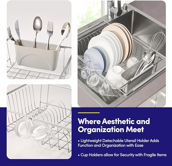 Dish Drying Rack Over The Sink Expandable to 24.5" Dish Drainer — Space-Saving Rectangular Kitchen Extending Drying Station with Utensil Holder, Fits Most Sinks for Easy Dish Organization, Silver - Image 3