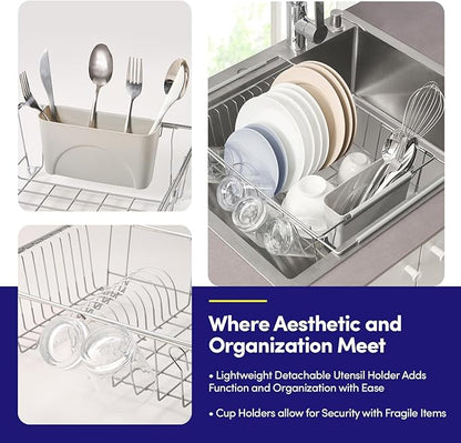 Dish Drying Rack Over The Sink Expandable to 24.5" Dish Drainer — Space-Saving Rectangular Kitchen Extending Drying Station with Utensil Holder, Fits Most Sinks for Easy Dish Organization, Silver - Image 3