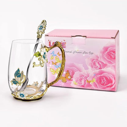 OEAGO Birthday Gifts for Women Mom Glass Coffee Enamels Mug Best Mothers Day Butterfly Gifts for Her from Daughter Son Lead-Free Christmas Tea Cup with Spoon Sets - Image 7