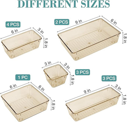 StorMiracle 13 PCS Drawer Organizer Set, 5 Varied Size Bathroom and kitchen Drawer cabinet organizer Trays, Clear Storage Bins for Makeup, Jewelry, Utensils and Gadgets, Champagne - Image 2