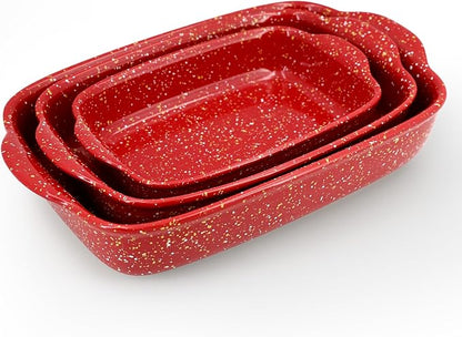 3-Pack Ceramic Lasagna Pan,Heavy-Duty Rectangular Baking Dishes, High Heat Resistant Oven-Safe Stoneware Casserole with Handles,Home Baking,Speckle Series(13.8''/12''/9.6'' Red) by Krokori