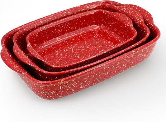 3-Pack Ceramic Lasagna Pan,Heavy-Duty Rectangular Baking Dishes, High Heat Resistant Oven-Safe Stoneware Casserole with Handles,Home Baking,Speckle Series(13.8''/12''/9.6'' Red) by Krokori