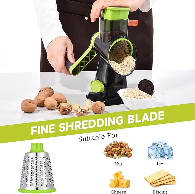 Rotary Cheese Grater with Handle Kitchen Shredder Slicer Grater Slicer Ice Shaver Cheese Vegetable Nuts Potato Zucchini Chocolate 3 Interchangeable Blades (Green TSP) - Image 5