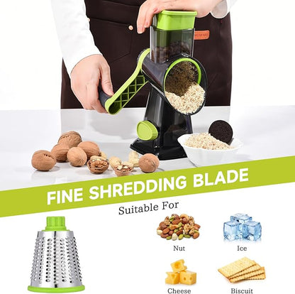 Rotary Cheese Grater with Handle Kitchen Shredder Slicer Grater Slicer Ice Shaver Cheese Vegetable Nuts Potato Zucchini Chocolate 3 Interchangeable Blades (Green TSP) - Image 5