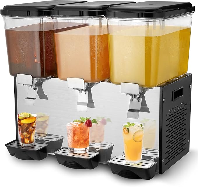 VEVOR Commercial Beverage Dispenser, 3 Tanks 18 L / 19 QT Per Tank Juice Dispenser, 512W Stainless Steel Ice Tea Drink Machine with 45°F-54°F Cooling Temperature, for Cold Drink Restaurant Bar Party by VEVOR