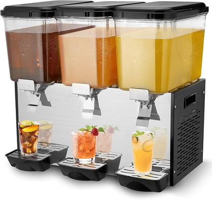 VEVOR Commercial Beverage Dispenser, 3 Tanks 18 L / 19 QT Per Tank Juice Dispenser, 512W Stainless Steel Ice Tea Drink Machine with 45°F-54°F Cooling Temperature, for Cold Drink Restaurant Bar Party by VEVOR