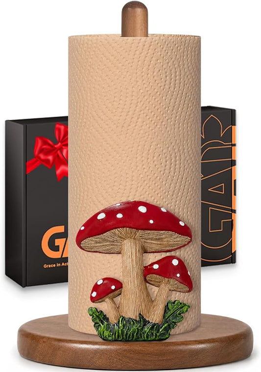 Mushroom Decor Paper Towel Holder, Cottage Core Decor for Kitchen Countertop, Cute Wood Paper Towel Holder Stand with 3D Resin Accent, Gifts for Women Mom Grandma