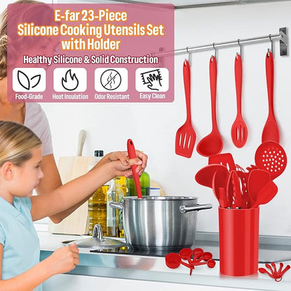 Silicone Kitchen Utensils Set, E-far 23 Pcs Red Cooking Utensils Tools with Holder for Nonstick Cookware, Include Spatula/Spoon/Ladle/Tongs/Turner, Heat Resistant & Nontoxic, Dishwasher Safe - Image 6