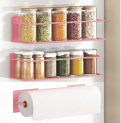 Magnetic Spice Rack For Refrigerator, Space Saving Magnetic Shelf For Fridge Pink 2 Pack With Magnetic Paper Towel Holder by Roysili