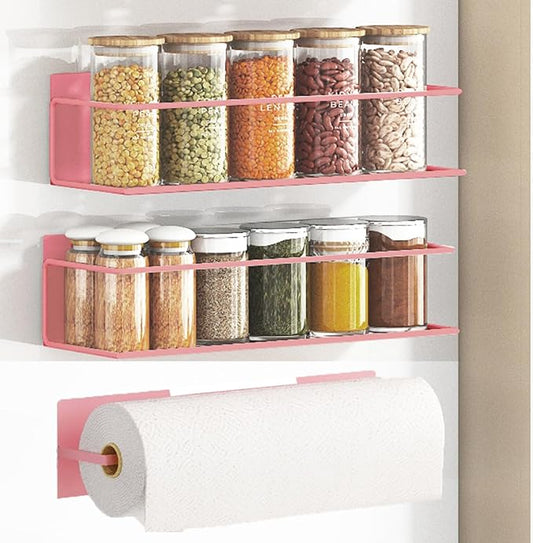 Magnetic Spice Rack For Refrigerator, Space Saving Magnetic Shelf For Fridge Pink 2 Pack With Magnetic Paper Towel Holder by Roysili
