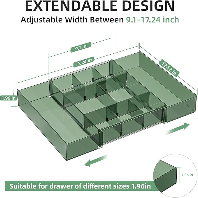 Marbrasse Expandable Desk Drawer Organizer, Clear Plastic Drawer Organizer Tray with 10 Adjustable Compartments, Desk Organizers and Accessories, 5 Drawer Dividers for Office Supplies(Clear Green) - Image 2