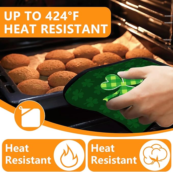 Green Clover Oven Mitts and Pot Holders Sets 4Pcs,Extra Long Oven Gloves Potholder for Kitchen Cooking Baking BBQ 100% Cotton Heat Resistant(St. Patrick's Day) - Image 4